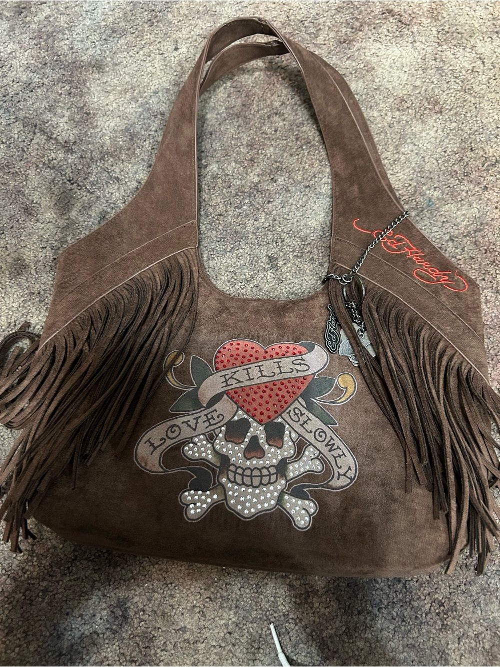Ed Hardy Brown Suede Fringe Shoulder Bag with Red Heart Skull Graphic